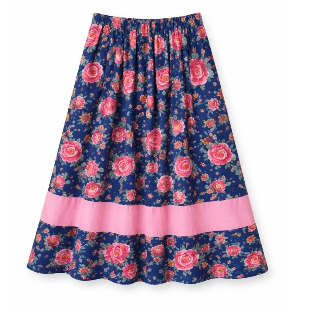 Handmade Vintage Blue Floral‎ Maxi Skirt Pink Border Cottagecore Boho Romantic